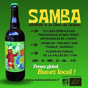 Bière SAMBA ambrée à la fleur de sureau. Brasserie la Dance de l'Ours
